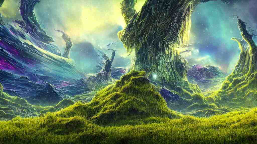 an alien landscape view, alien sky, star in the sky, alien waterfall, alien grass, weird alien trees, alien mountains, epic composition, colorful, 4 k, detailed, realistic 