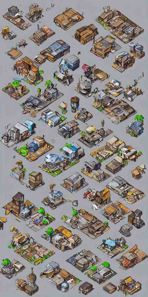 junkyard slum houses and shops. pixel art asset sheet. isometric perspective. concept art. science fiction. 