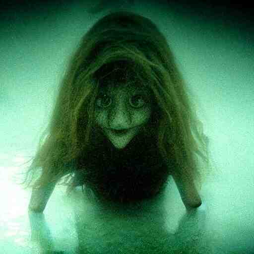 sea monster about to eat pov underwater, pale skin, dark yellowish water, foggy water, dark, dramatic,'silent hill ', big eyes, alluring and terrifying, cinematic 