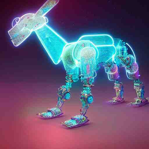 iridescent opalescent android robot animal in candyland, warm tones, bioluminescent : by michal karcz, daniel merriam, victo ngai and guillermo del toro : ornate, dynamic, particulate, intricate, elegant, highly detailed, centered, artstation, smooth, sharp focus, octane render 