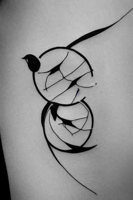 a beautiful tattoo design of minimalist swallows flying into spherical lines and simple basic shapes, black ink, line art 