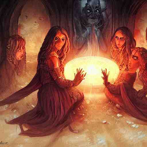 female acolytes using demonic summoning circle to summon a demonic knight. incredible detail. by magali villeneuve and by wlop 