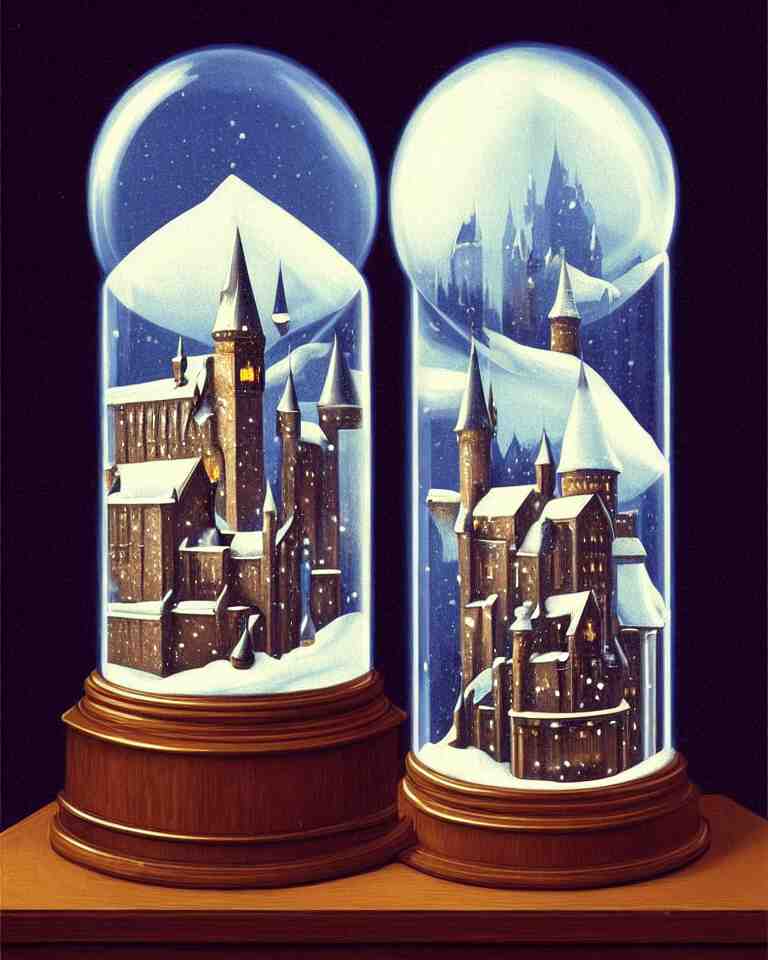 an achingly beautiful print of one snow globe with hogwarts inside by raphael, hopper, and rene magritte. detailed, proportional, romantic, vibrant, enchanting, trending on artstation 