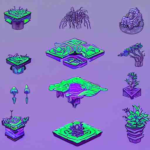 concept art 2 d game asset of furniture with an organic isometric design based on bioluminescent alien - like plants inspired by the avatar's bioluminescent alien nature. around the furniture, we can see plants that glow in the dark. all in isometric perspective and semi - realistic style item is in a black background colorful neons surrealistic masterpiece 