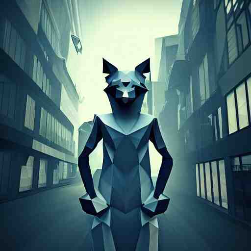 Playstation 1 PS1 low poly graphics portrait of furry anthro anthropomorphic wolf head animal person fursona wearing clothes in a futuristic foggy low-poly city alleway