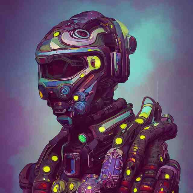 a beautiful portrait painting of a ( ( ( cyberpunk ) ) ) armor by simon stalenhag and pascal blanche and alphonse mucha and nekro. in style of digital art. colorful comic, film noirs, symmetry, brush stroke, vibrating colors, hyper detailed. octane render. trending on artstation 