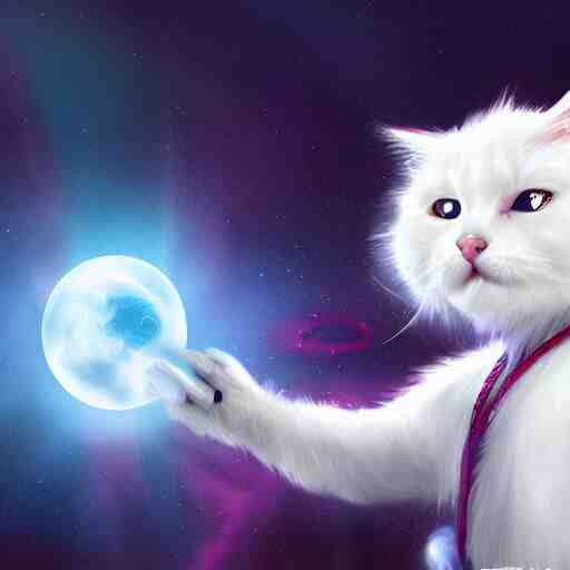 illustration of a white fluffy cat wizard casting a spell in space. 4k trending ArtStation highly detailed vibrant