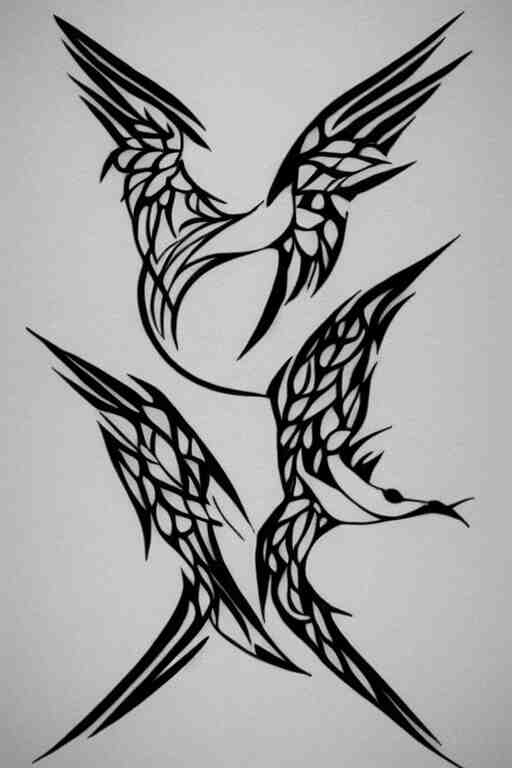 a simple artistic tattoo design of minimalist flying birds, black ink, abstract geometric logo 