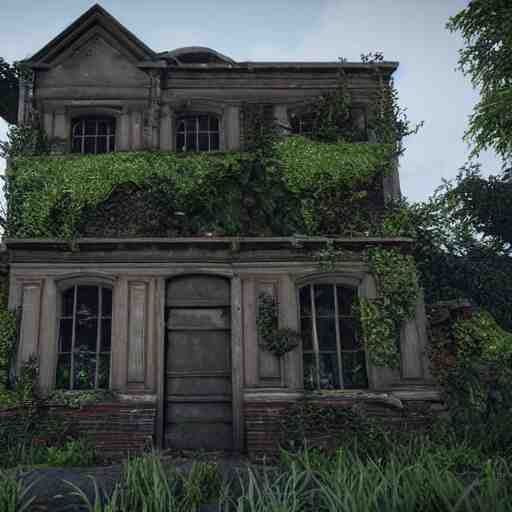 outside a derelict victorian house, garden in front of house is overgrown and walls are crumbling down, moss and ivy cover the walls ray traced unreal 5, ultra details 