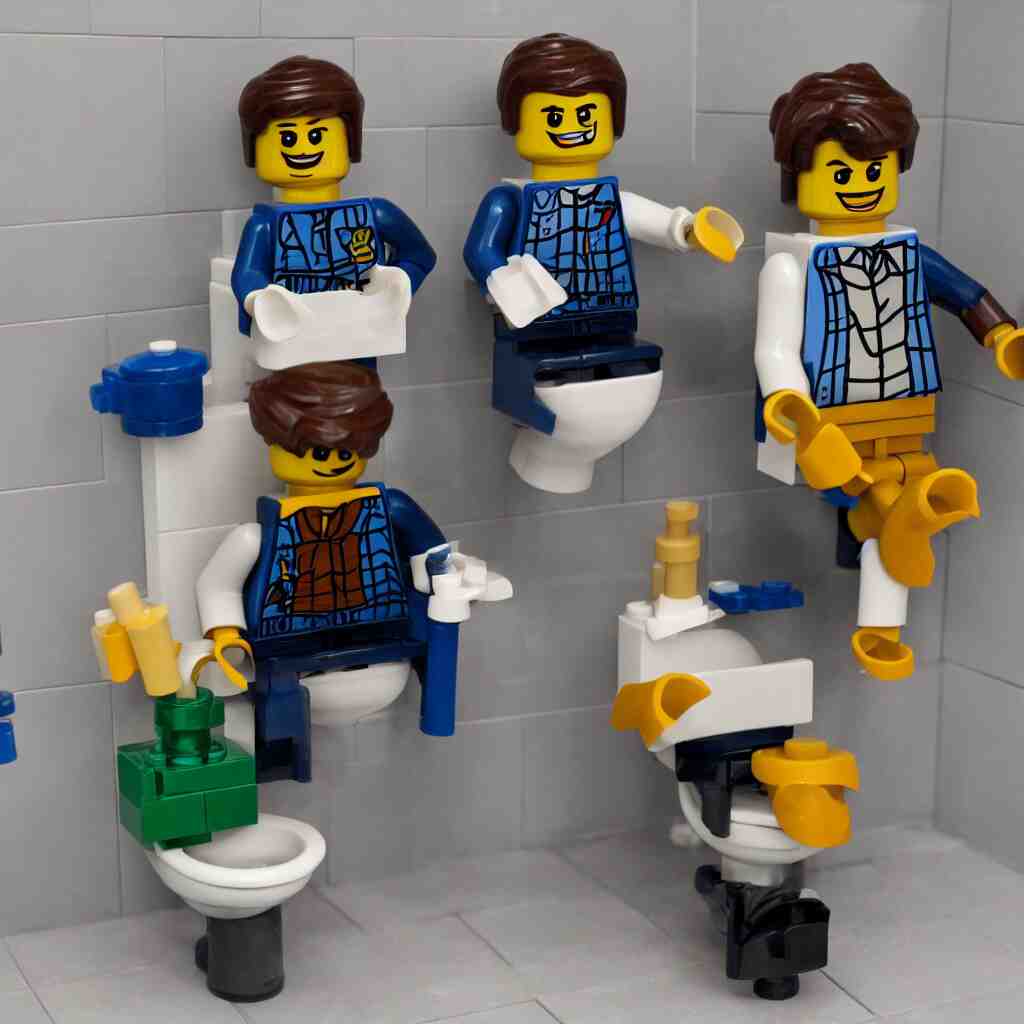 a lego figure of a man, sitting on a toilet with his pants down. there is a stream of lego bricks coming out of his behind 