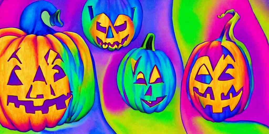 lisa frank painting carved pumpkin faces, textured canvas, kawaii holographic, detailed facial expression, surrealism aesthetic 