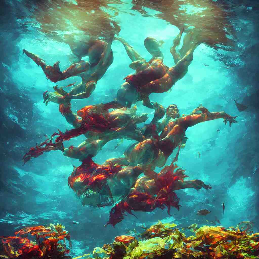 man underwater floating, vivid colors, sharp focus, digital art, Unreal Engine, Dramatic Lighting by Brom, trending on Artstation