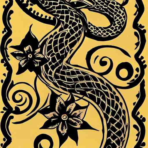 tattoo design, stencil, tattoo stencil, traditional, a cobra with its fangs out surrounded by flowers