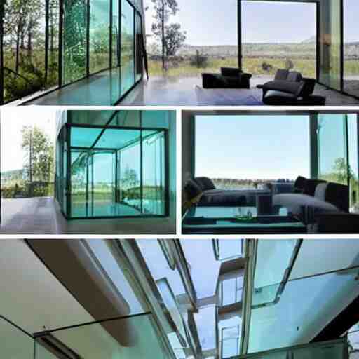 a house made entirely of glass. glass furniture, glass walls, glass ceiling, glass floor, glass decor, glass people 