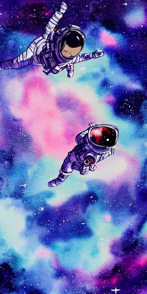 oriental water color of a female astronaut, floating through the void of space, stars are spread out, anime movie, highly detailed 