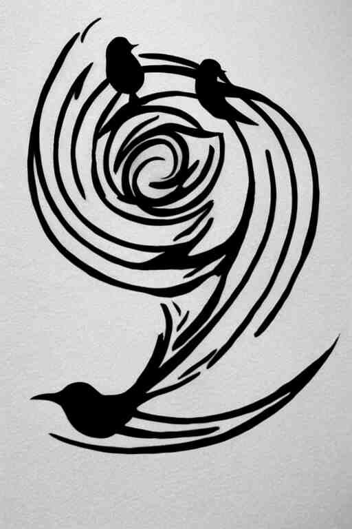 a simple tattoo design of birds flying in a 8 spiral, black ink, logo 