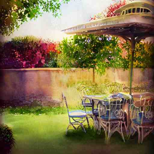 delicate starship, chairs, garden, paved, botanic watercolors, iridescent, 8 k, realistic shaded, fine details, artstation, italian, iron gate, tree, mediterranean, marvelous 