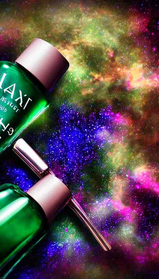 a beautiful bottle of nail polish filled with forest green small galaxy's and nebulas and blue sparkles, insane, intricate, highly detailed, Zeiss Lens, smooth, sharp focus, Unreal Engine 5, Octane Render, Redshift, 8K