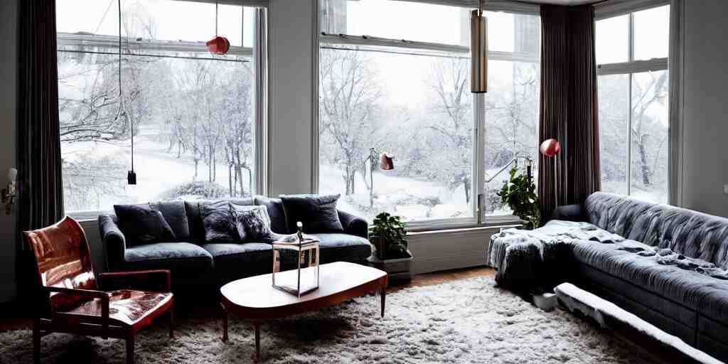 wide angle photograph, atmospheric, outside window ice winter snow, detailed, realistic lighting, sunlight, reflections, award winning contemporary interior design by kelly wearstler and nate berkus, living room, city apartment, cozy calm! fabrics textiles, books, paintings, colorful accents, brass copper, many light sources, lamps, oiled hardwood floor, plants, book shelves, couch, desk, mirrors 