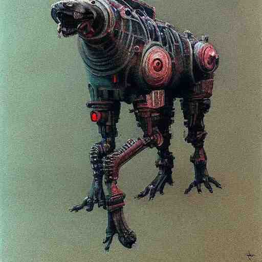 hyena robot, cyberpunk, highly detailed quadrupedal cyborg, beksinski style, very detailed painting 