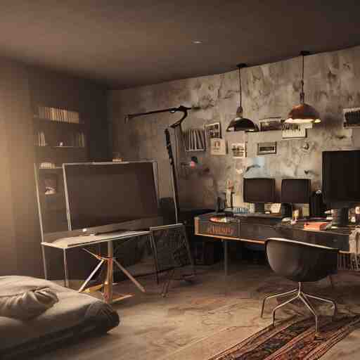 home studio for a radio streaming, realistic, octane render, cinematic, gaming system theme, lighting shadows, detailed illustration, 8 k, intricate details, oil painting 