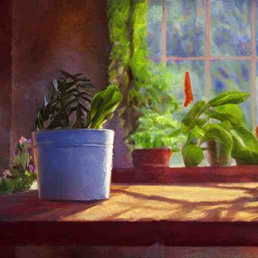 dittany in a pot, on wooden table in the ray of sunshine in greenhouse, oil painting, sharp focus, high detailed, calm, warm lighting, sparkles, digital art, concept art, by Rutkowsky,