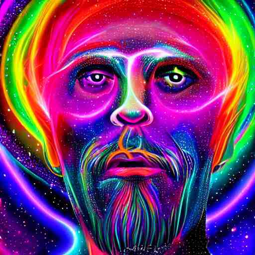 A man's soul becoming one with the galaxy by lisa frank, space, vibrant, colorful, digital art, peaceful, dmt, psychedelic,