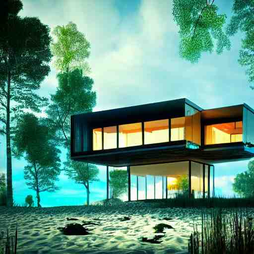 a modern house made of glass on a beach near a beautiful fantasy forest, digital art, epic composition, hd, 4 k, octane renderer, professional, intricate detail 