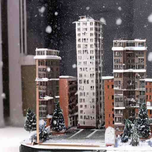 a snow globe diorama with a soviet apartment building in it, brutalism, physically based rendering, 1 9 9 0's 