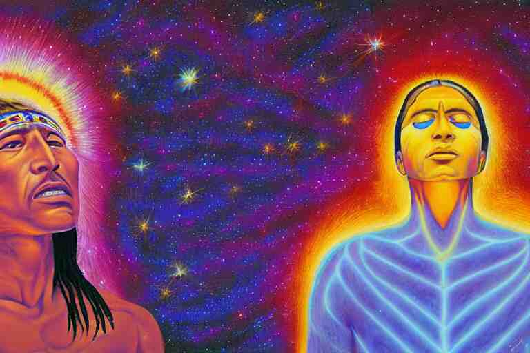 digital art of a spiritual native american man looking up at the stars, glowing light, acrylic art, universe, painting, pastel colors, alex grey, 