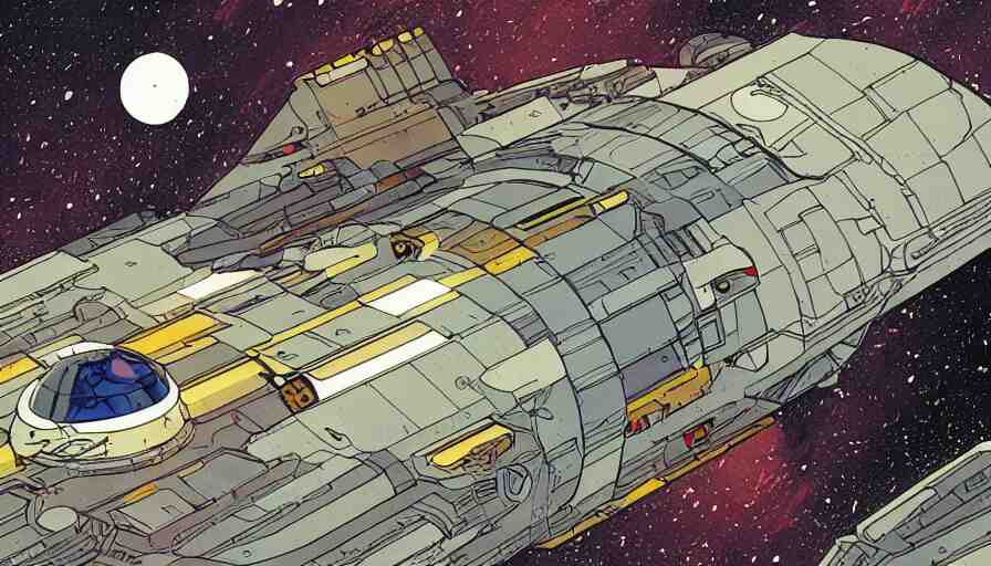 flat color illustration of futuristic spacecraft by moebius and sparth, 