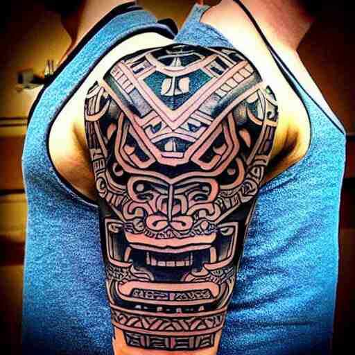 intricate japanese mayan yakuza tattoo, geometric dark animal tattoo, tattoo on upper arm