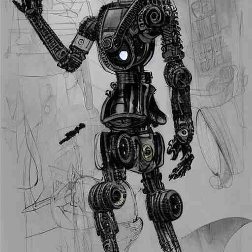 ccyborg man, thin, short hair, small scar on the chin, a robotic arm and big shoes, sophisticated clothing with some steampunk elements, gesture dynamic, organic, appealing, book cover, deep shadows, by Dave McKean sketch lineart for character design