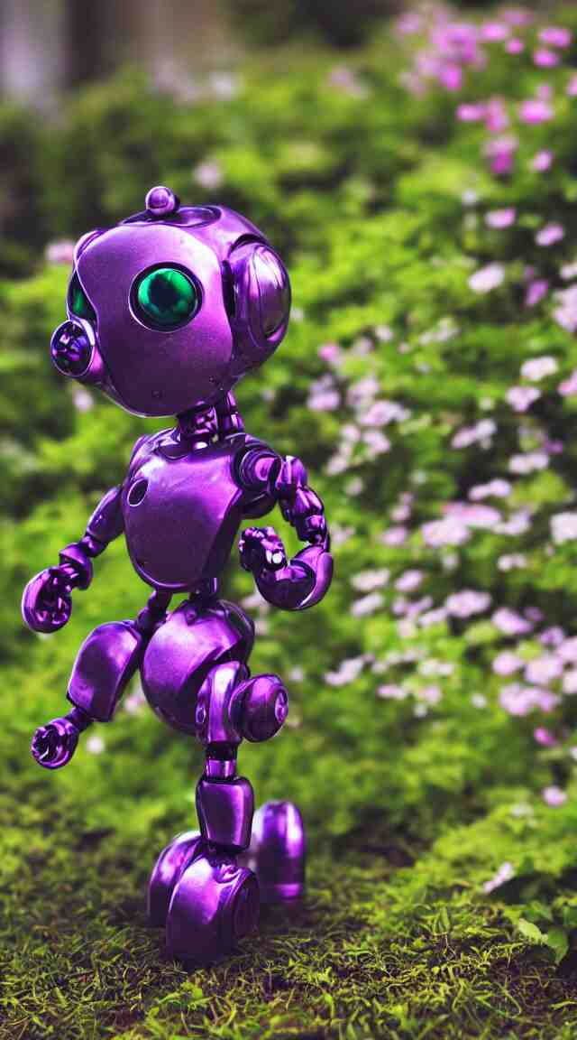 small toy robot in a garden, hyper detailed, sharp focus, bokeh, unreal engine, ray tracing, cute, fantasy, sci fi, purple lights, tiny, small 