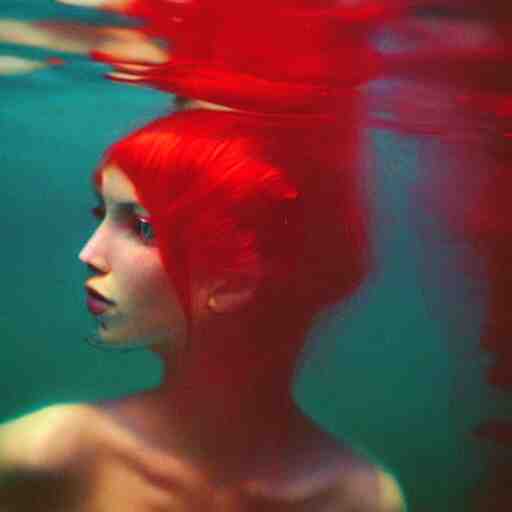 beautiful portrait of fashion model in red silk underwater, 35mm film