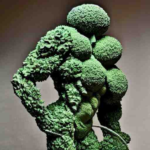 sculpture of a bodybuilder made entirely from fresh broccoli by antoni gaudi 