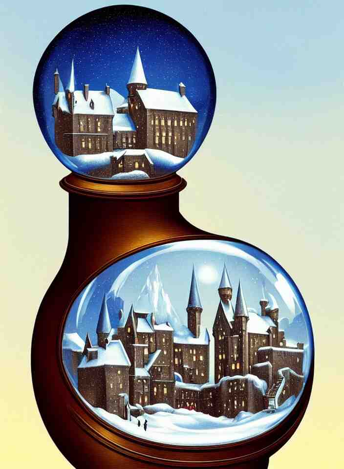 an achingly beautiful print of one snow globe with hogwarts inside by raphael, hopper, and rene magritte. detailed, proportional, romantic, vibrant, enchanting, trending on artstation 