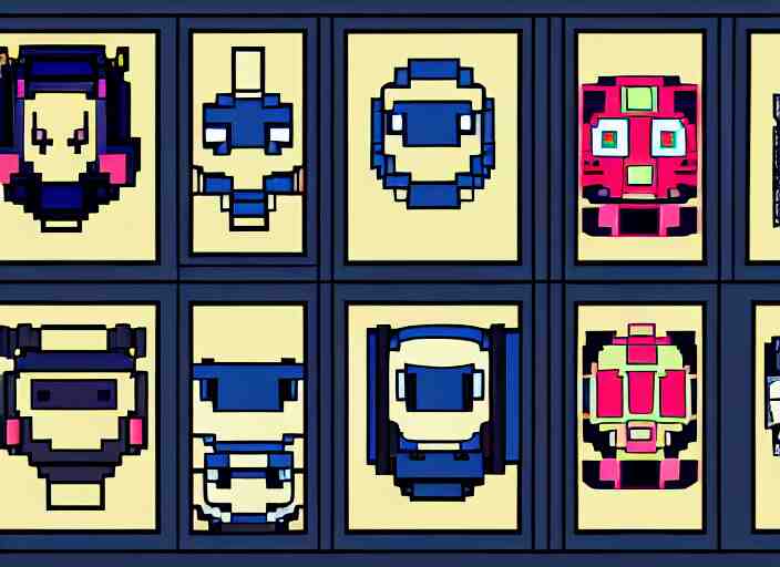 a 3 - by - 3 grid of 9 framed closeup face portraits of cute evil robots, in the style of mega man. 