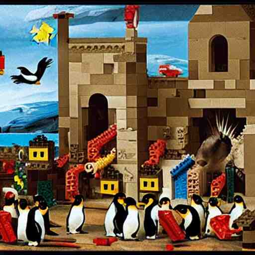 penguins playing with legos, renaissance painting 