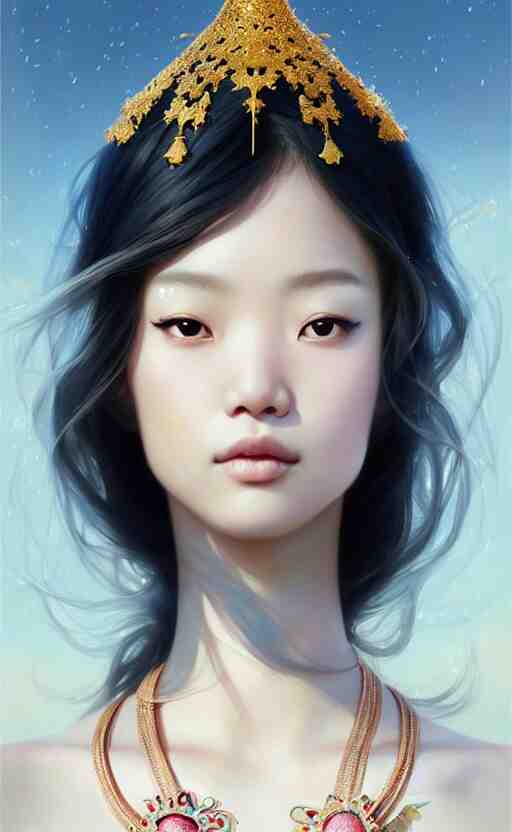 a beautiful young charming asian goddess with sundress + jewelry + shinny eyes | | winter, symmetric, realistic shaded, unpleasant face, good looking, fine details, dior, lv, realistic shaded lighting poster by greg rutkowski, macoto takahashi, magali villeneuve, artgerm, jeremy lipkin and michael garmash 