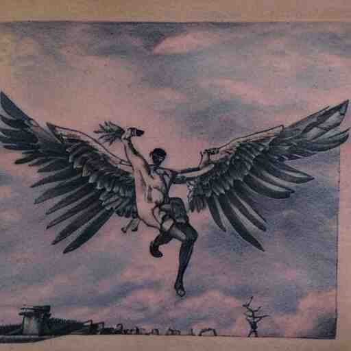 tatoo art of icarus flying over some ruins 