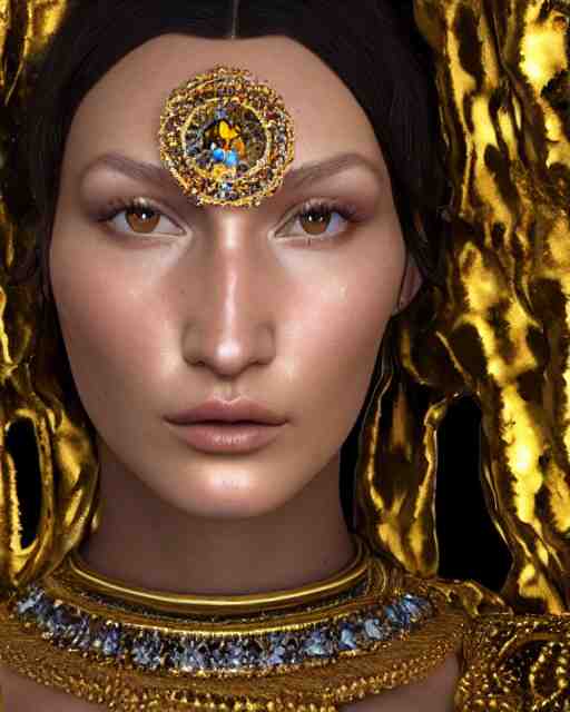 a highly detailed metahuman 8 k close up render of bella hadid in gustav klimt style in diamonds crystals swarovski and jewelry on artstation made in unreal engine 4 