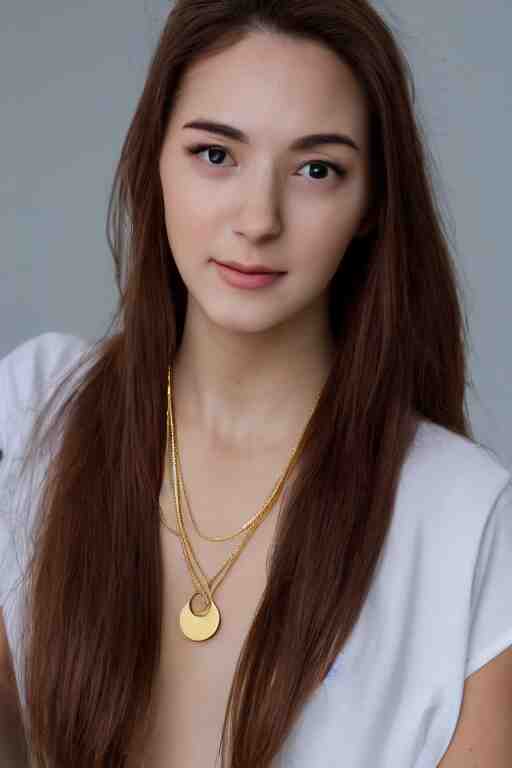 2 4 year old professional female wearing white v - neck top, 1 8 k gold necklace pendant, portrait, neck zoomed in, photo realistic, extreme detail skin, no editing, slr, golden hour, 4 k, high definition, selfie 