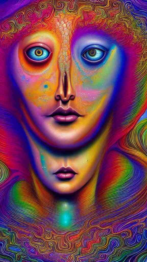 hyperrealistic abstract close-up female! portrait Renaissance psychedelic!! celestial happy! pure creature!! perfect!! face! peaceful! kind spirit of nature! beautiful fractal!! eyes! highly detailed concept art eric zener elson peter cinematic hard rainbow lighting high angle hd 8k sharp shallow depth of field endless, inspired by Zdzisław Beksiński Salvador Dali