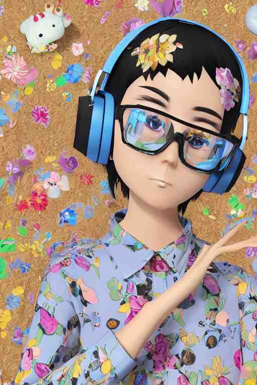 a vrchat avatar man with a buzz cut, a floral print collated shirt, a beaded bracelet, tortoise shell glasses with headphones, anime style, cel shaded, kawaii, cute 