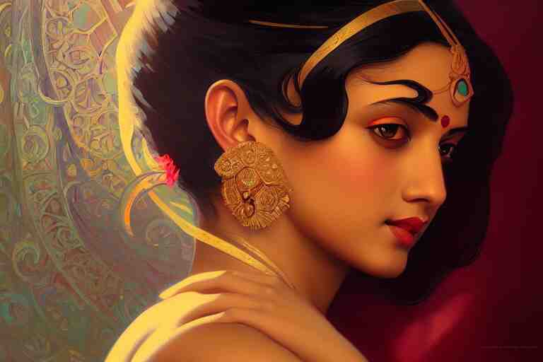 sensual bengali girl, art deco portrait, elegant, intricate, digital painting, artstation, concept art, smooth, sharp focus, illustration, art by artgerm and greg rutkowski and alphonse mucha 