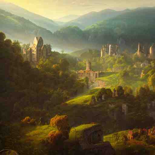 Vast verdant valley surrounded by Transylvanian mountains, with a large zeppelin hovering in the foreground, and a ruined medieval castle on the hillside in the background. No villages. Late evening light in the summer, gloomy weather. Hyperrealistic, high quality, sharp, highly detailed, peter mohrbacher,.