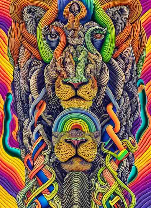 lions and tiger and bears dissolving into melted liquid braids, cubensis, aztec, basil wolverton, r crumb, hr giger, mc escher, dali, muted but vibrant colors, rainbow tubing, ribbons and folds 