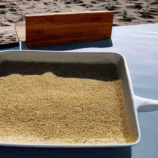 a rectangle-shaped wok with no food in it, on the beach