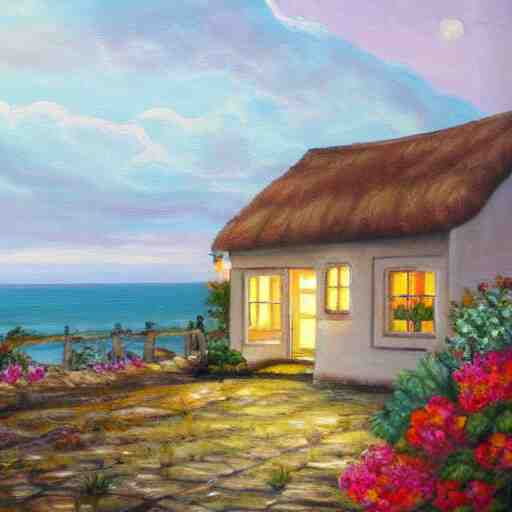 A painting of a cozy cottage with a view of the beach